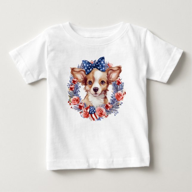 Patriotic Puppy 4th of July USA Independence Day Baby T-Shirt (Front)