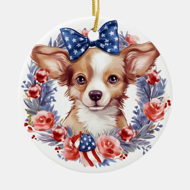 Patriotic Puppy 4th of July USA Independence Day Ceramic Ornament (Front)