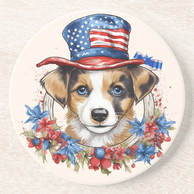 Patriotic Puppy 4th of July USA Independence Day Coaster (Front)
