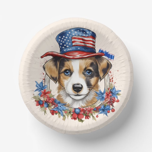 Patriotic Puppy 4th of July USA Independence Day Paper Plate (Front)