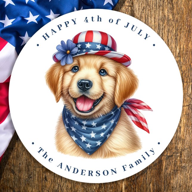 Patriotic Puppy Red White Blue Golden Retriever  Classic Round Sticker (Creator Uploaded)
