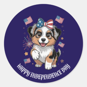 Patriotic Puppy with American Flags Custom Classic Round Sticker