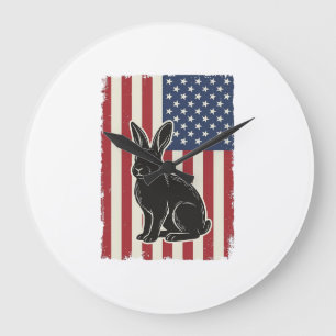 Patriotic Rabbit American Flag Vintage Engraving S Large Clock