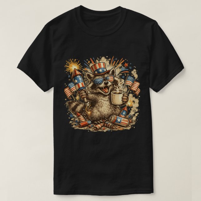 Patriotic Racoon Coffee Fireworks 4th of July Tee (Design Front)