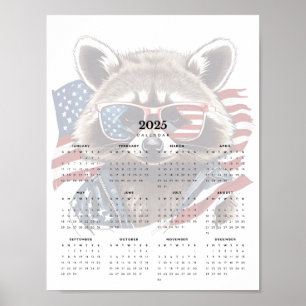 Patriotic Racoon Red White Blue 2025 Calendar Poster