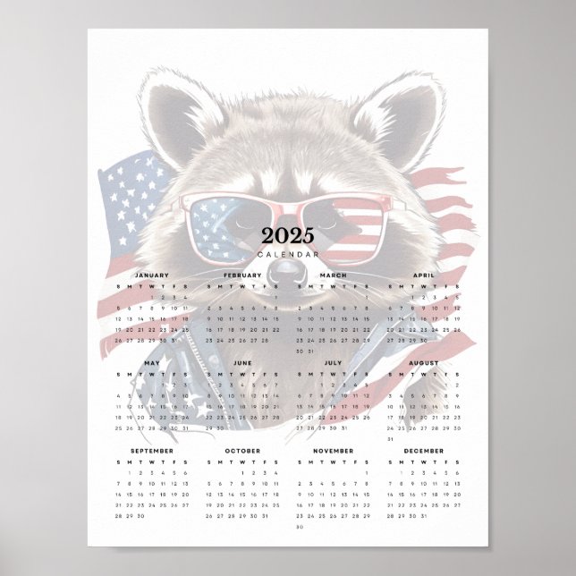 Patriotic Racoon Red White Blue 2025 Calendar Poster (Front)