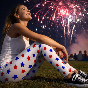 Patriotic Red and Blue Star Pattern on White  Leggings