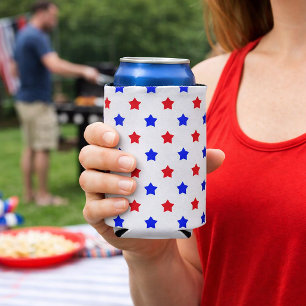 Patriotic Red and Blue Star Toss Pattern Can Cooler