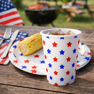 Patriotic Red and Blue Star Toss Pattern White Paper Cups