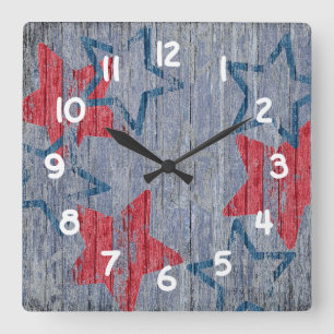 Patriotic Red and Blue Stars - Blue Barnboard Square Wall Clock
