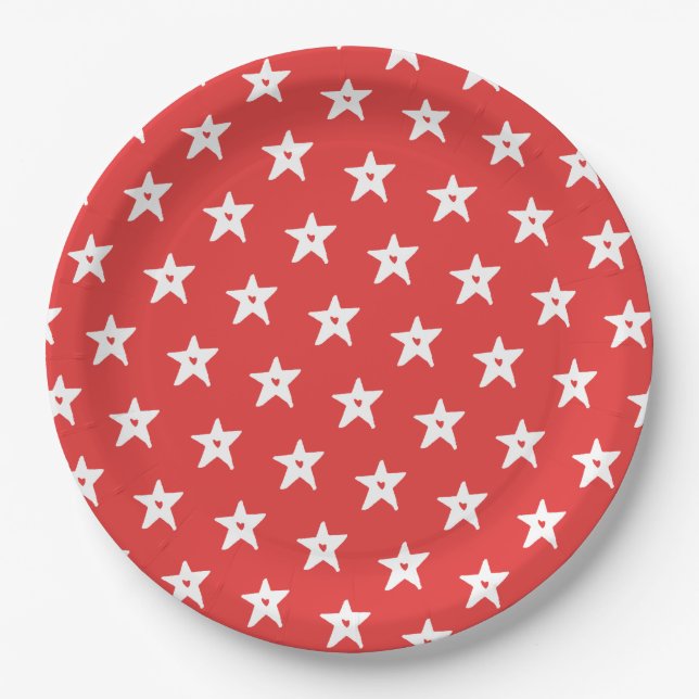 Patriotic Red and White Stars with Hearts Paper Plate (Front)
