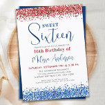 Patriotic Red Blue Glitter Sweet 16 Birthday Party Invitation<br><div class="desc">Celebrate your special day with our patriotic sweet sixteen birthday party invitations! Our modern and elegant design features a chic, girly touch with glitter accents and a red, white, and blue colour scheme. Show off your military pride with an American flag theme that's perfect for any USA-loving birthday girl! COPYRIGHT...</div>