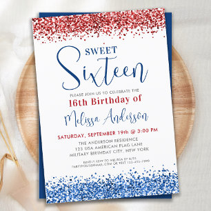 Patriotic Red Blue Glitter Sweet 16 Birthday Party Invitation