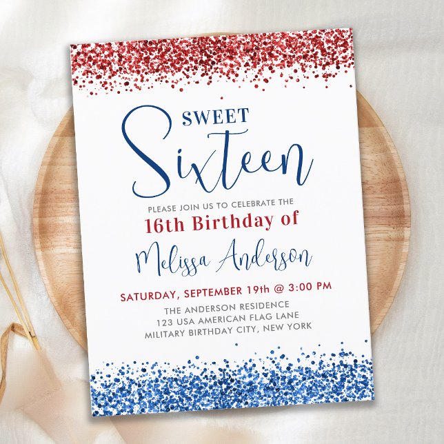 Patriotic Red Blue Glitter Sweet 16 Birthday Party Invitation Postcard (Creator Uploaded)