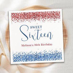 Patriotic Red Blue Glitter Sweet 16 Birthday Party Napkin