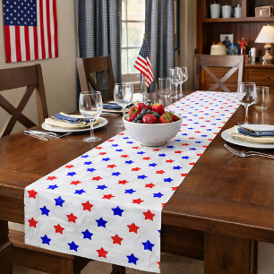 Patriotic Red Blue Star Pattern White Background Short Table Runner