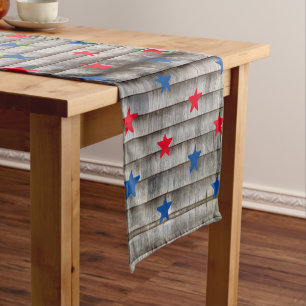 Patriotic red blue stars rustic shingles pattern short table runner