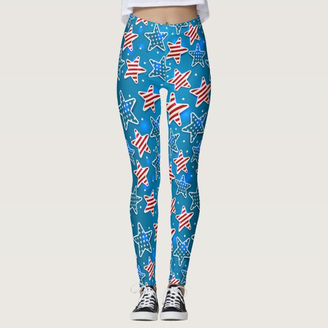 Patriotic Red Blue White American Flag Star  Leggings (Front)