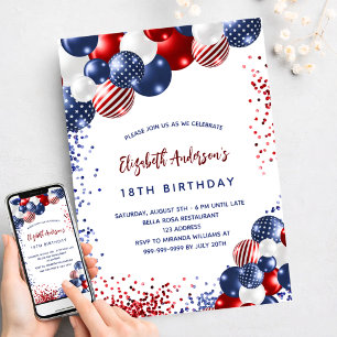 Patriotic red blue white balloons birthday party invitation