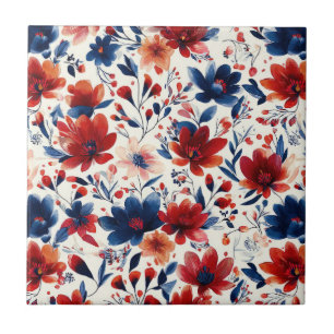 Patriotic Red Blue White Floral (10) Ceramic Tile