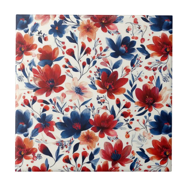 Patriotic Red Blue White Floral (10) Ceramic Tile (Front)