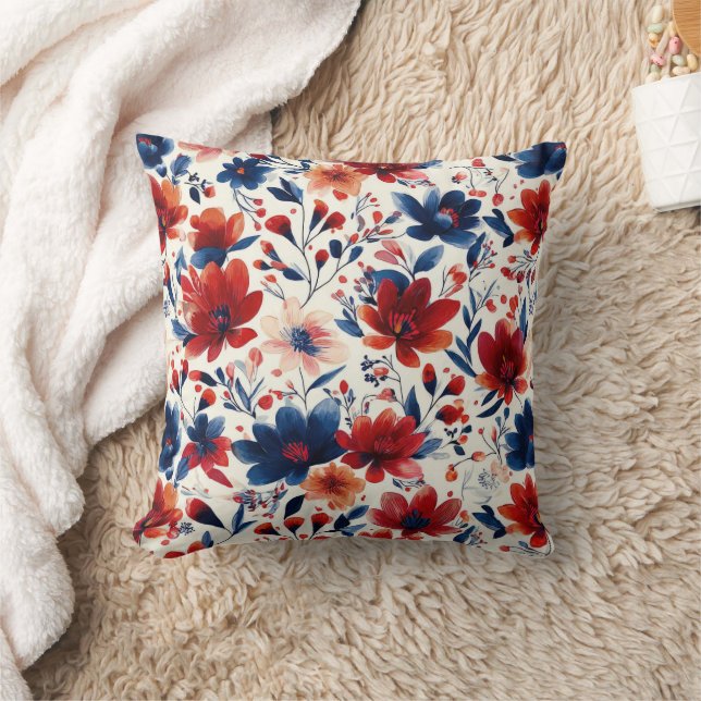 Patriotic Red Blue White Floral (10) Cushion (Blanket)