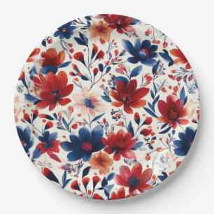 Patriotic Red Blue White Floral (10) Paper Plate