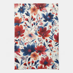 Patriotic Red Blue White Floral (10) Tea Towel