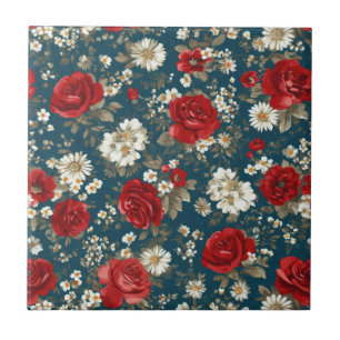 Patriotic Red Blue White Floral (11) Ceramic Tile
