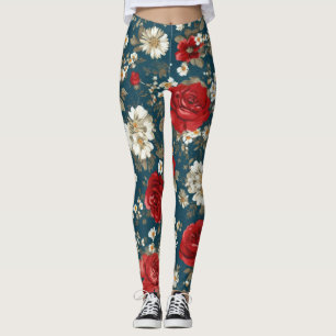 Patriotic Red Blue White Floral (11) Leggings