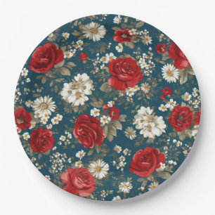 Patriotic Red Blue White Floral (11) Paper Plate