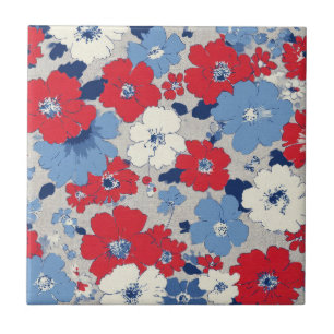 Patriotic Red Blue White Floral (12) Ceramic Tile