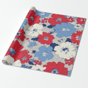 Patriotic Red Blue White Floral (12) Wrapping Paper