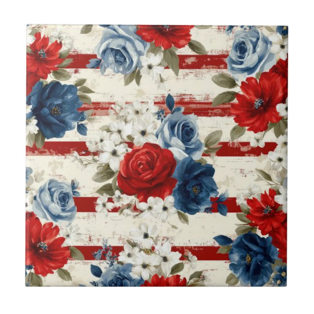Patriotic Red Blue White Floral (2) Ceramic Tile (Front)
