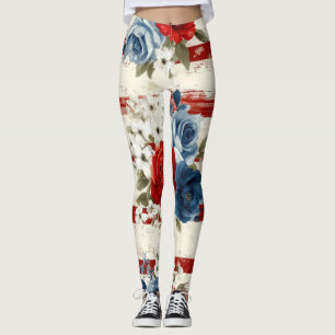 Patriotic Red Blue White Floral (2) Leggings