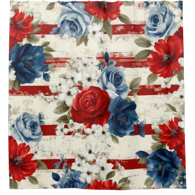 Patriotic Red Blue White Floral (2) Shower Curtain (Front)