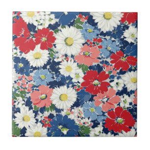 Patriotic Red Blue White Floral (3) Ceramic Tile