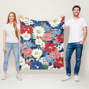 Patriotic Red Blue White Floral (3) Fleece Blanket