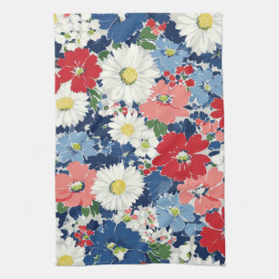 Patriotic Red Blue White Floral (3) Tea Towel