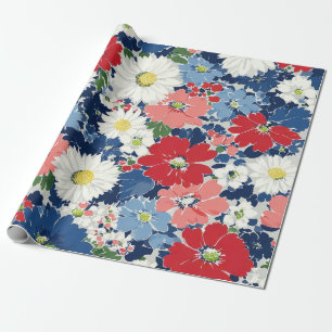 Patriotic Red Blue White Floral (3) Wrapping Paper