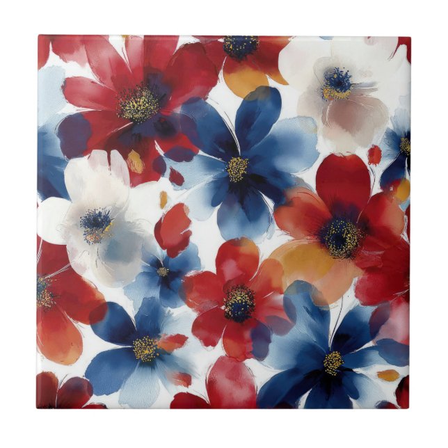 Patriotic Red Blue White Floral (5) Ceramic Tile (Front)