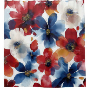 Patriotic Red Blue White Floral (5) Shower Curtain