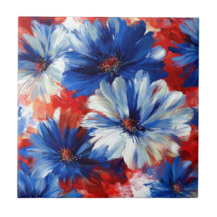Patriotic Red Blue White Floral (6) Ceramic Tile