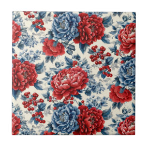 Patriotic Red Blue White Floral (7) Ceramic Tile