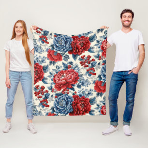 Patriotic Red Blue White Floral (7) Fleece Blanket