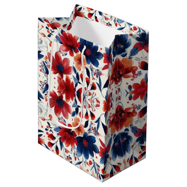 Patriotic Red Blue White Floral (7) Medium Gift Bag (Front Angled)