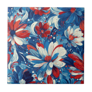 Patriotic Red Blue White Floral (8) Ceramic Tile