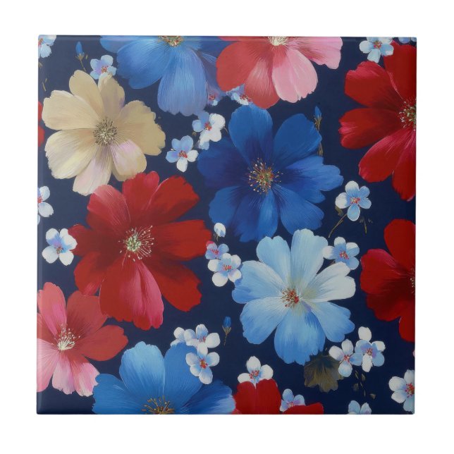 Patriotic Red Blue White Floral (9) Ceramic Tile (Front)