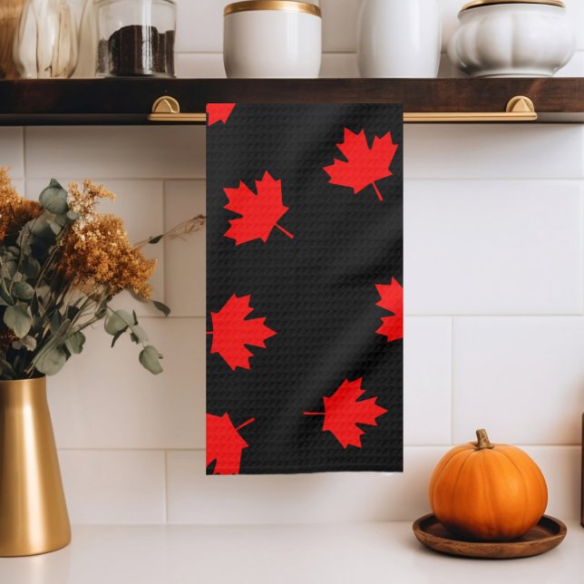 Patriotic Red Canada Maple Leaf Black Pattern Tea Towel (Creator Uploaded)