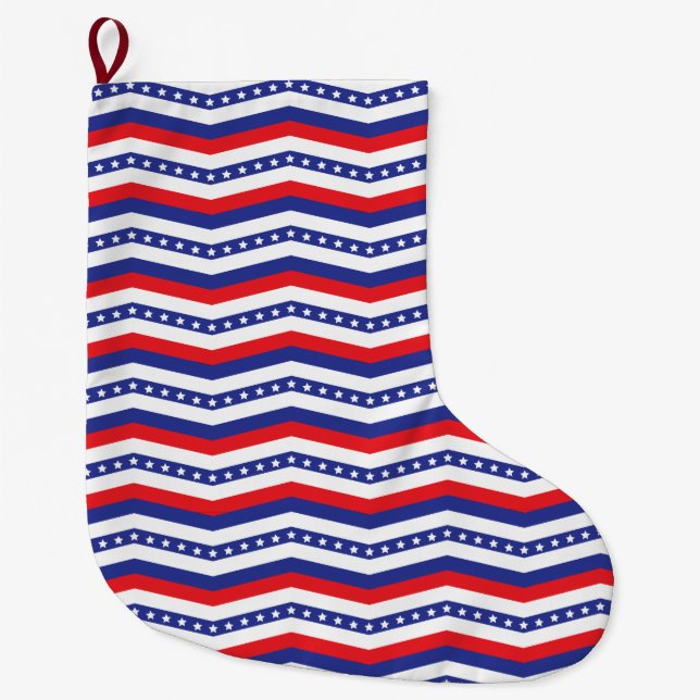 Patriotic red white and blue chevron large christmas stocking (Front)